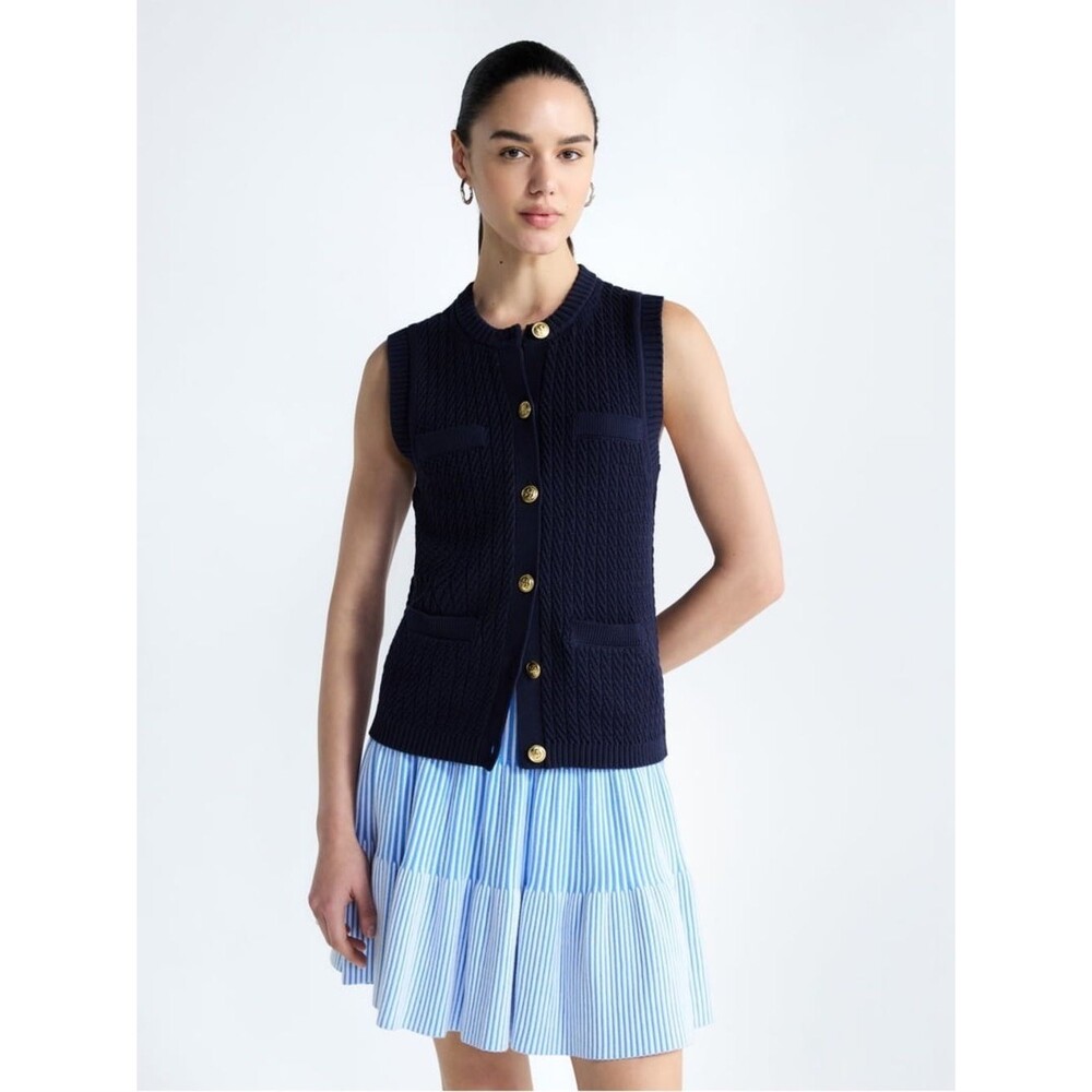 Free Assembly Navy Cable Knit Button Vest with Gold Buttons